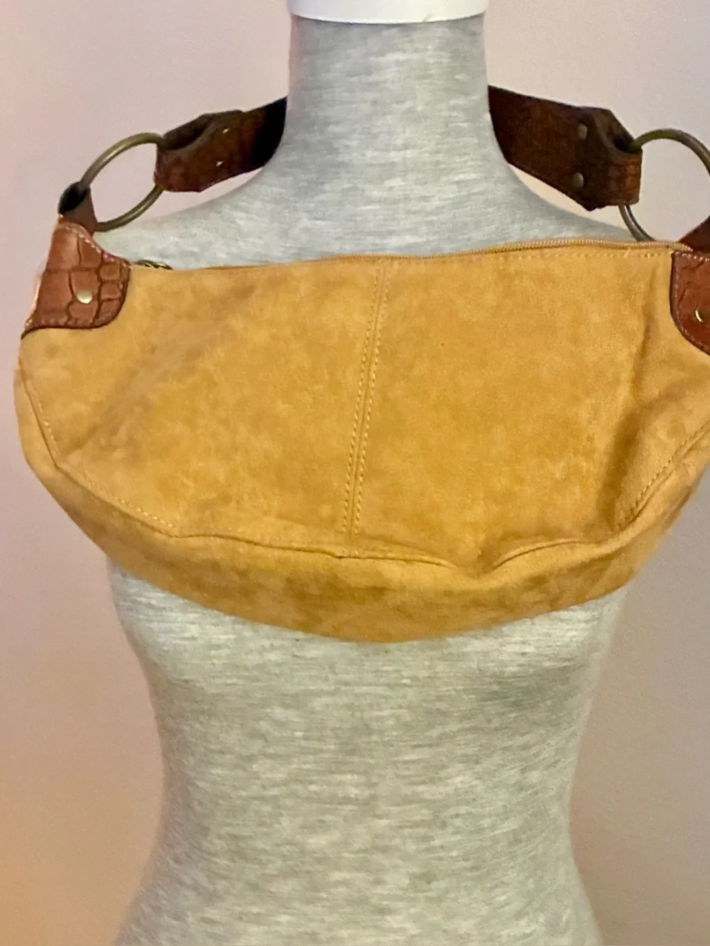 Small Suede Shoulder Bag in Tan with Brown Accents